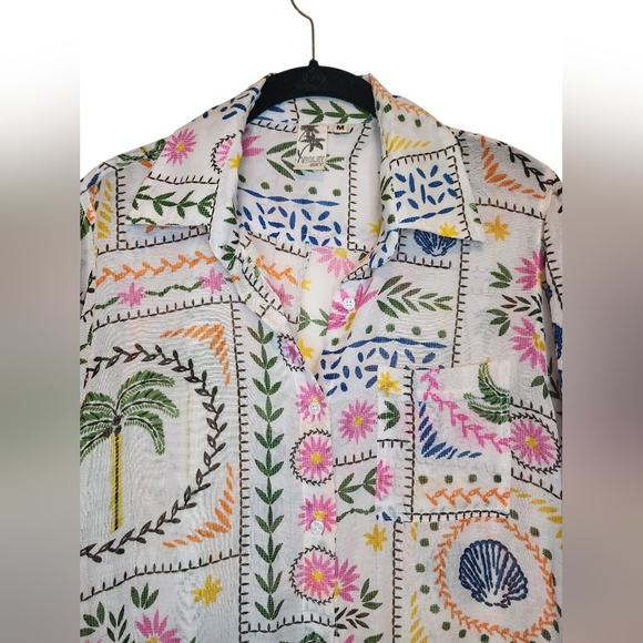​Violet Sky Tropical Boho Embroidered Print Button Down Tunic Shirt, Medium - Picture 2 of 7